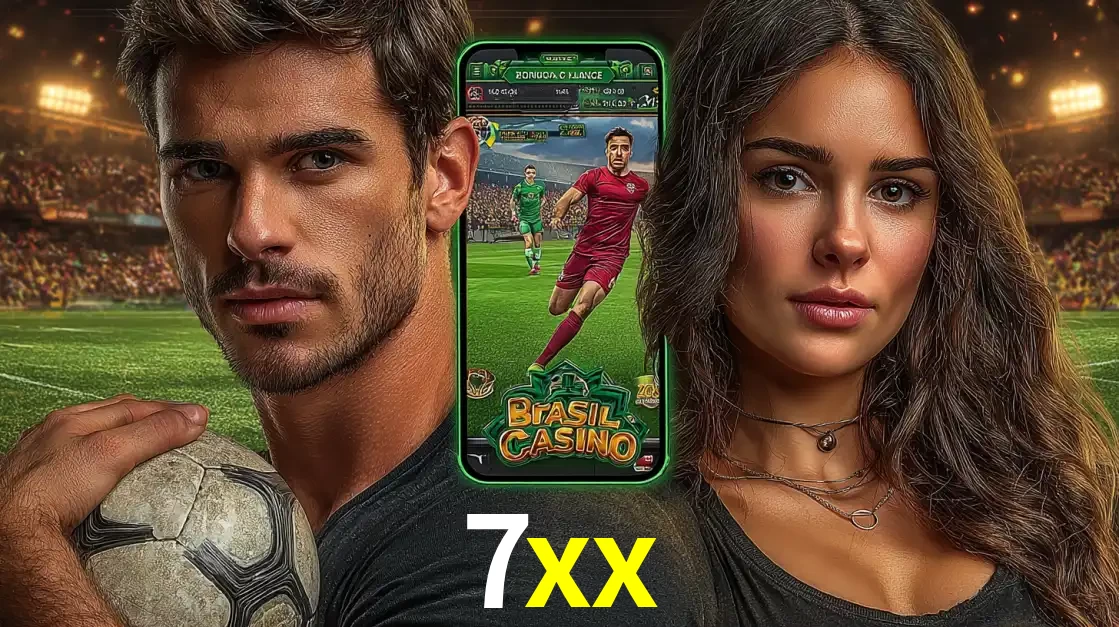 Homem segurando uma bola de futebol e uma mulher ao lado de um smartphone exibindo o jogo de apostas esportivas da 7xx. Faça seu palpite no cassino online.
